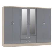 Mack Oak Wooden Wardrobe With 6 Doors Grey Gloss Front