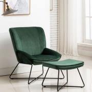 Teagan Velvet Upholstered Accent Chair In Green With Footstool