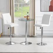 Vetro Round Clear Glass Bar Table With 2 Ripple White Stools