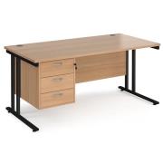 Melor 1600mm Cantilever 3 Drawers Computer Desk In Beech Black