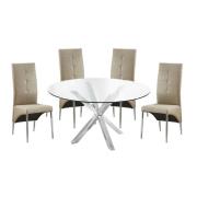 Crossley Round Glass Dining Table With 4 Vesta Taupe Chairs