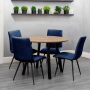 Frisco Oak Effect Dining Table Round With 4 Blue Chairs