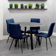 Frisco Concrete Effect Dining Table Round With 4 Blue Chairs