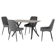 Alsip Concrete Effect Dining Table With 4 Grey Velvet Chairs