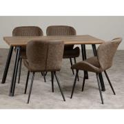 Qinson Wave Edge Wooden Dining Table With 4 Brown Leather Chairs