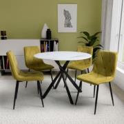 Accro White Glass Dining Table With 4 Vestal Yellow Chairs